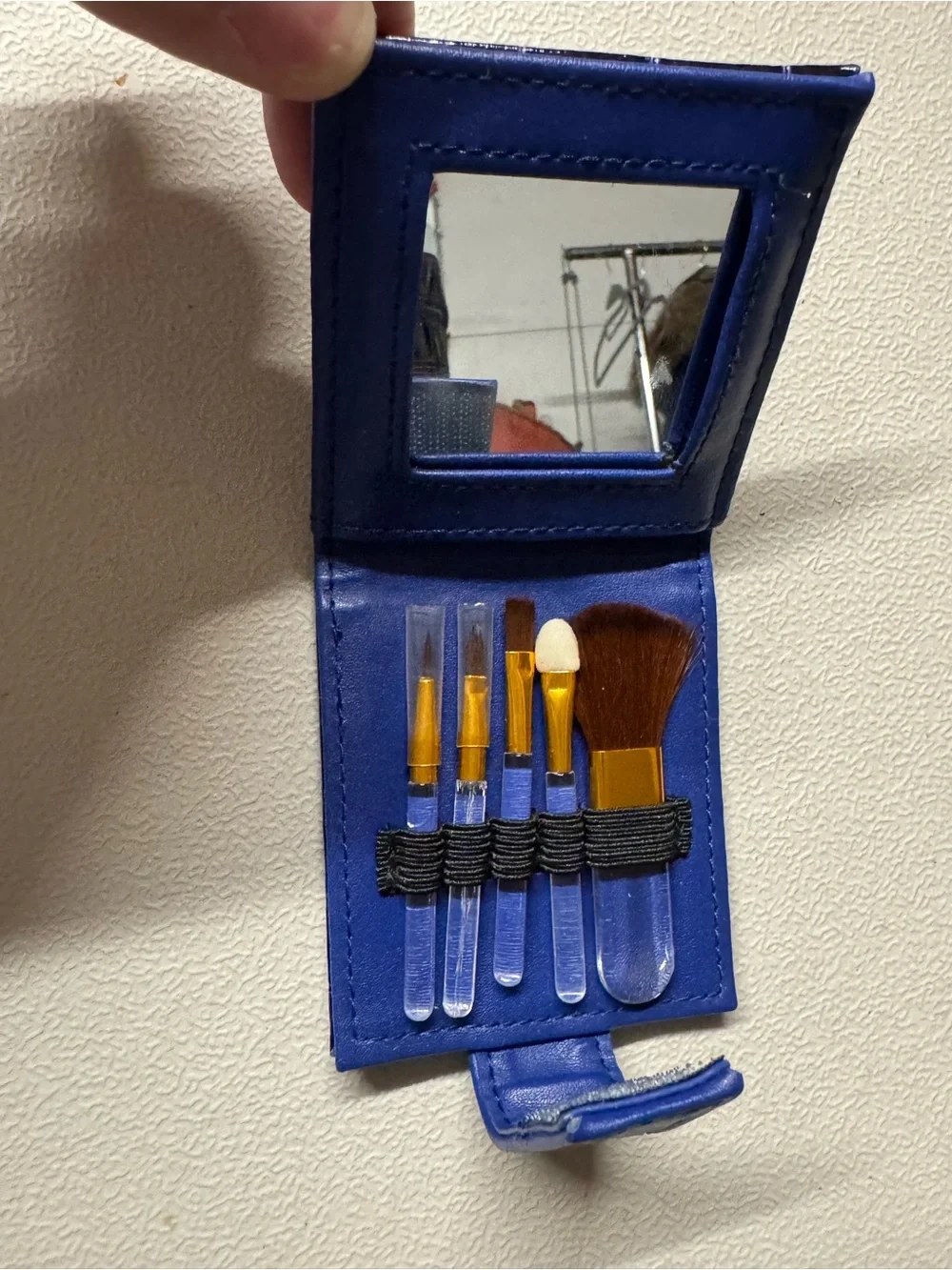 Croc-Embossed Leather Mini Makeuo Kit with Blue Snap Strap